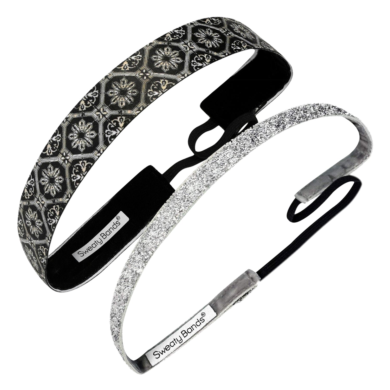 2 Pack | Afterglow Black | Viva Diva Silver 3/8 Inch Sweaty Bands Non Slip Headband