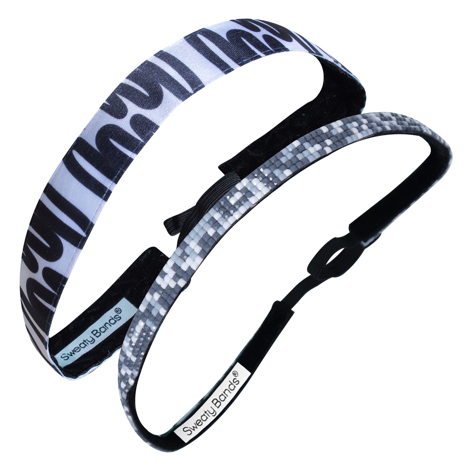 2 Pack | Go With The Flow Black | Bling Beaded Grey Sweaty Bands Non Slip Headband