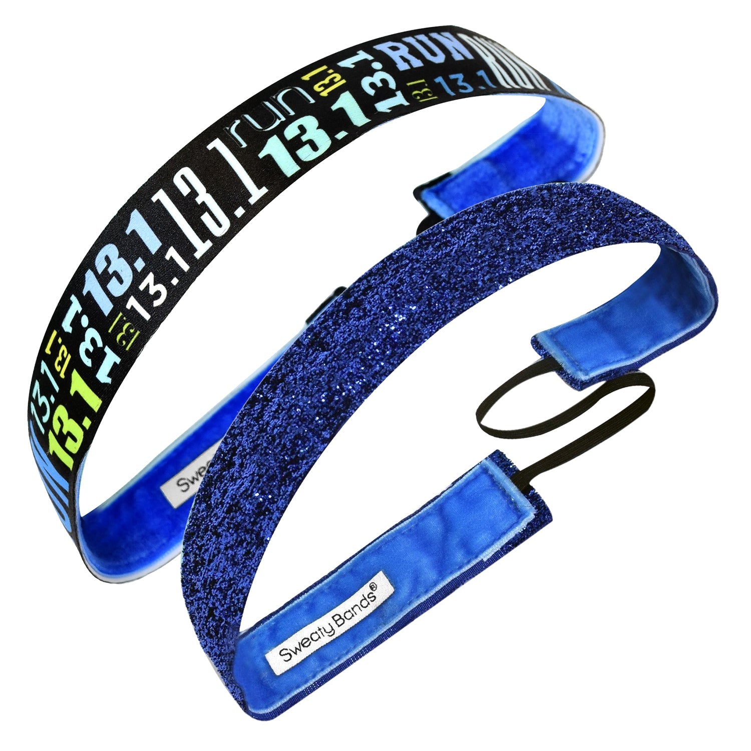 2 Pack | Run 13.1 Blue | Viva Diva Blue | 1 Inch Sweaty Bands Non Slip Headband