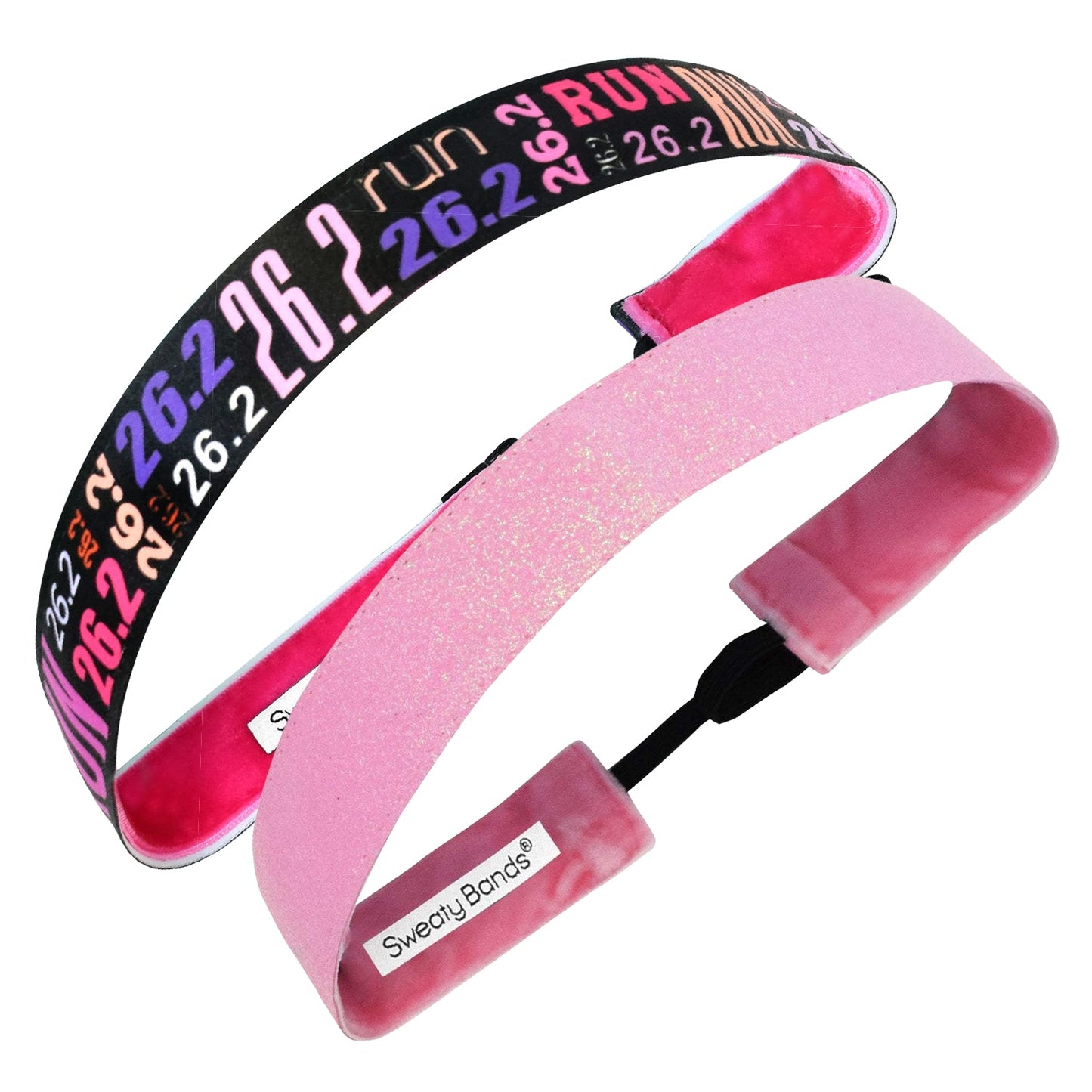 2 Pack | Run 26.2 Pink | Metallic Shimmer Pale Pink | 1 Inch Sweaty Bands Non Slip Headband