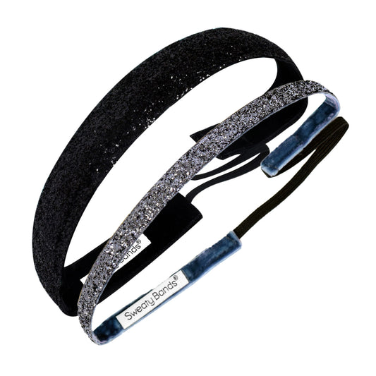 2 Pack | Viva Diva | Black 1 Inch | Gunmetal 3/8 inch Sweaty Bands Non Slip Headband