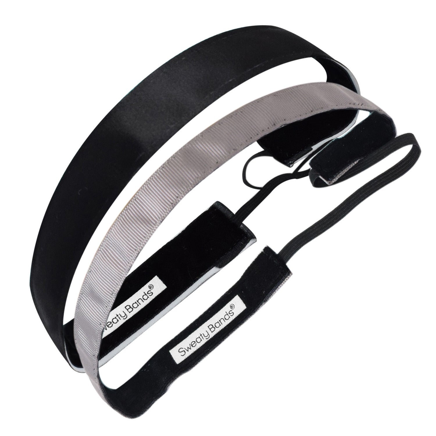 2 Pack | Wicked Solid Black 1 Inch | Rock Solid Grey 5/8 Inch Sweaty Bands Non Slip Headband