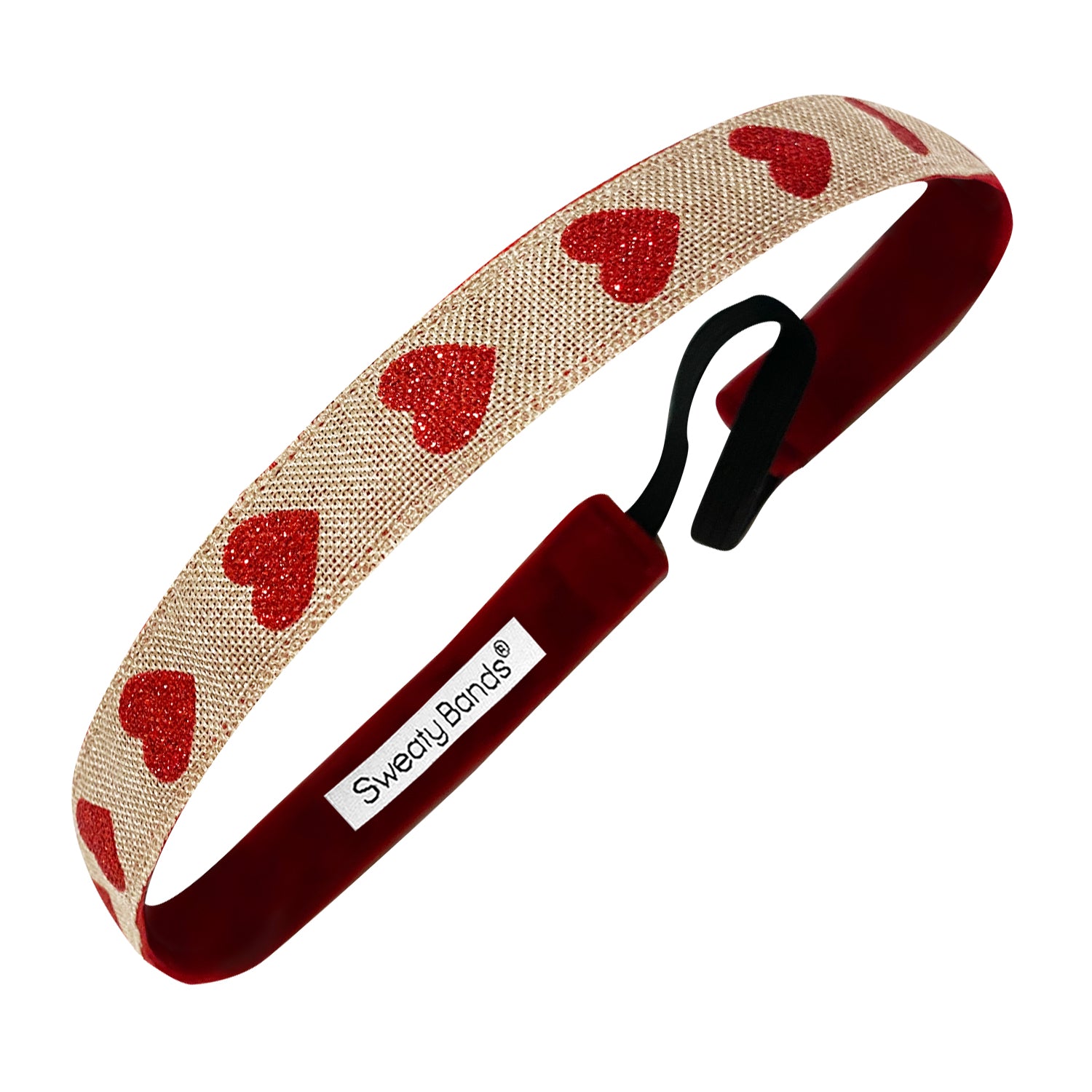 Valentine | Sparkly Hearts | Tan, Red | 5/8 Inch Sweaty Bands Non Slip Headband